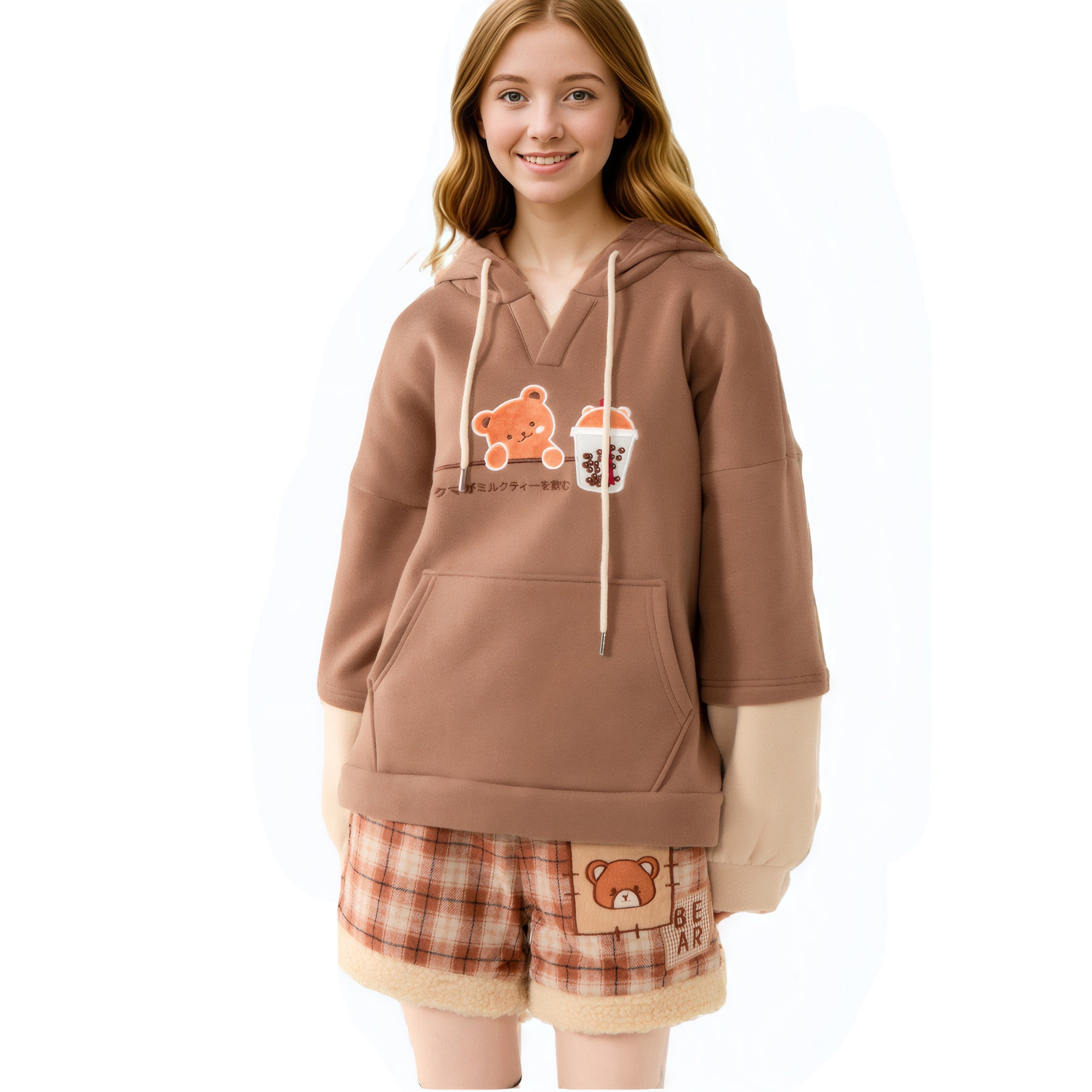 Cute kawaii bear milk tea hoodie with embroidery for girls